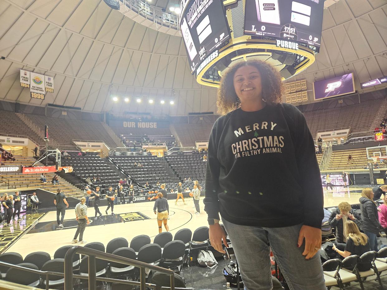 Attica Elementary School sixth grade math teacher and former Phoenix Mercury player Macee Overman takes in the action during a youth day for Purdue women's basketball against Lipscomb at Mackey Arena in West Lafayette, Ind. on Dec. 11, 2025.