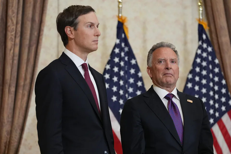 Jared Kushner, left, and Steve Witkoff, Special Envoy for Peace Missions, listen as Vice President JD Vance speaks during a news conference after meeting with representatives from Pakistan and Iran in Islamabad.