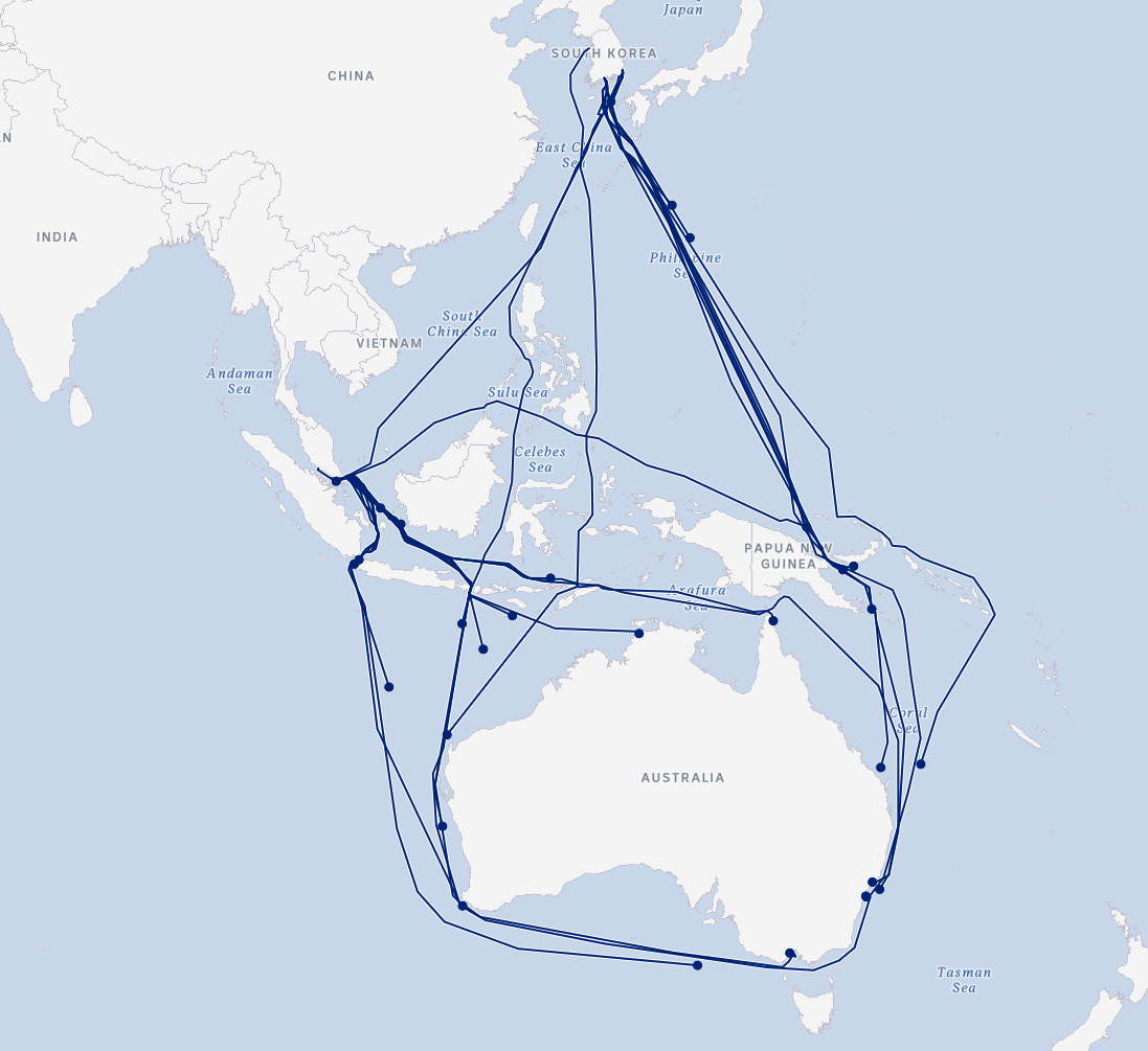 A map shows multiple shipping route lines running from Singapore, South Korea and Malaysia to Australia.