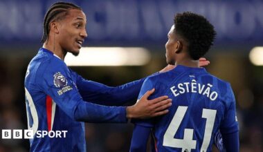 Joao Pedro talks to Estevao during the Premier League match between Chelsea and Arsenal at Stamford Bridge