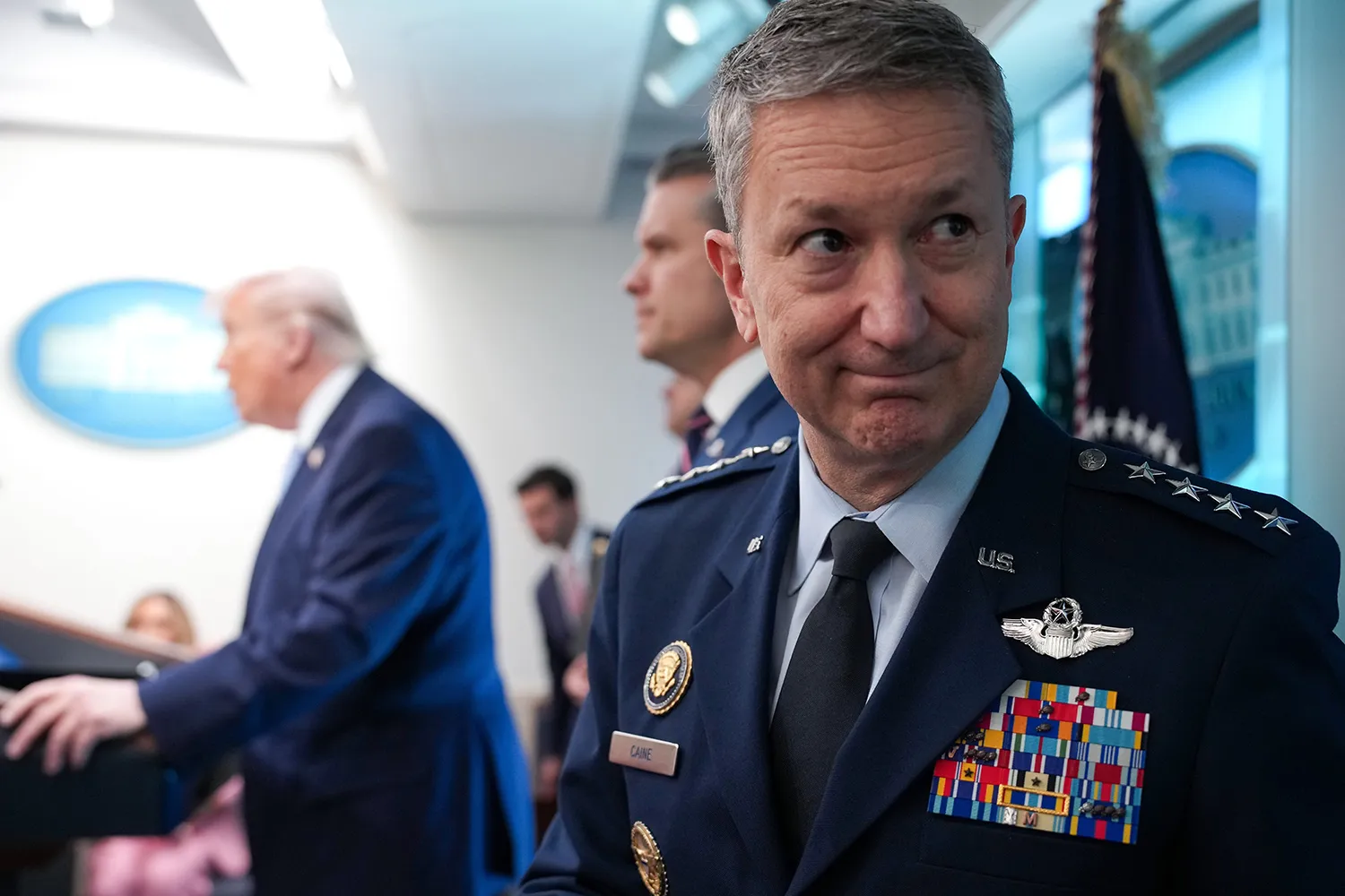 Caine arrives along with Trump and Defense Secretary Pete Hegseth to a news conference at the White House.