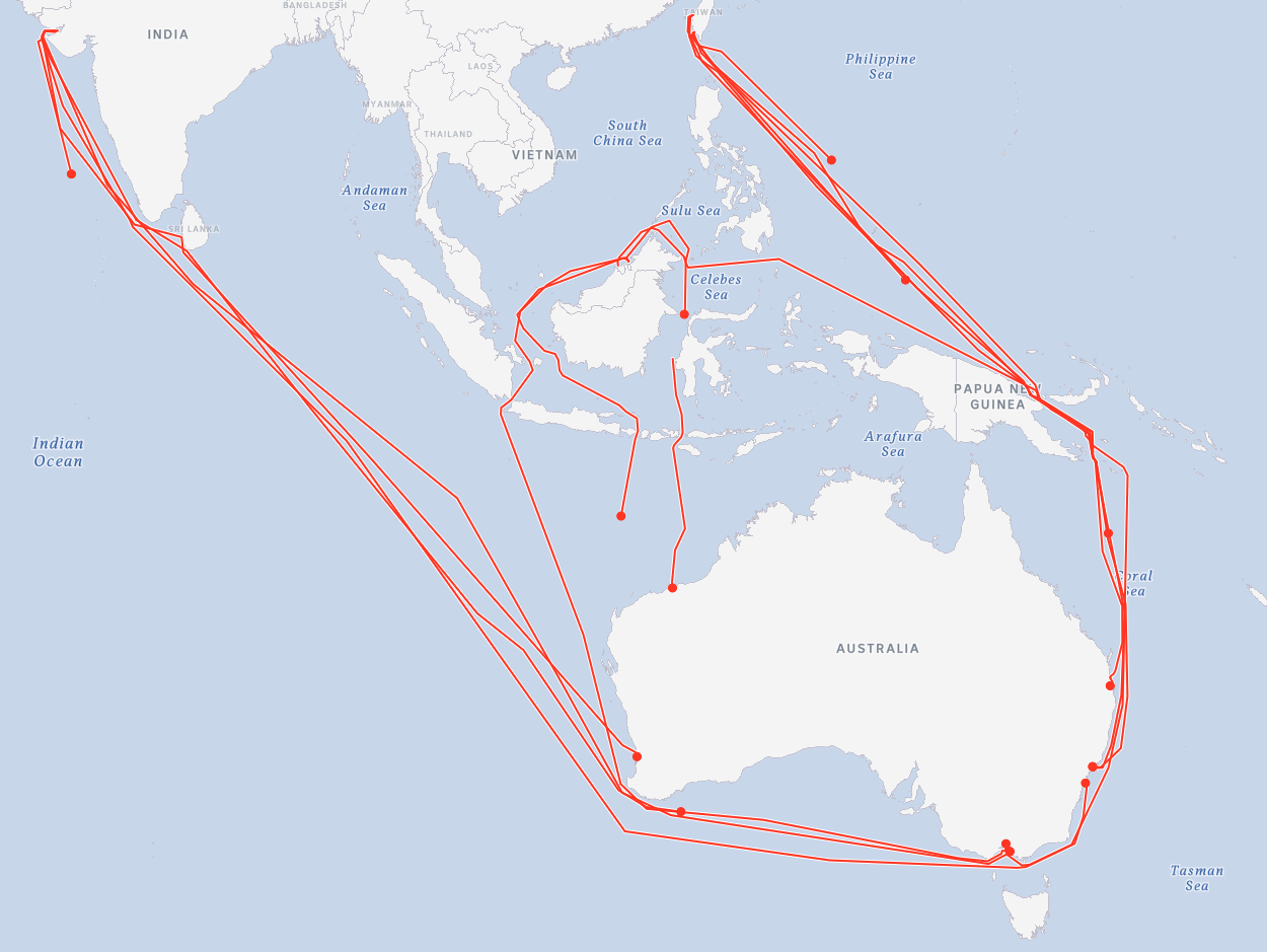 A map shows multiple shipping route lines running from Taiwan, Brunei and India to Australia.