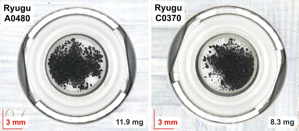 Two views of a container (from above) where it looks like tiny black specks are in a glass bottle.