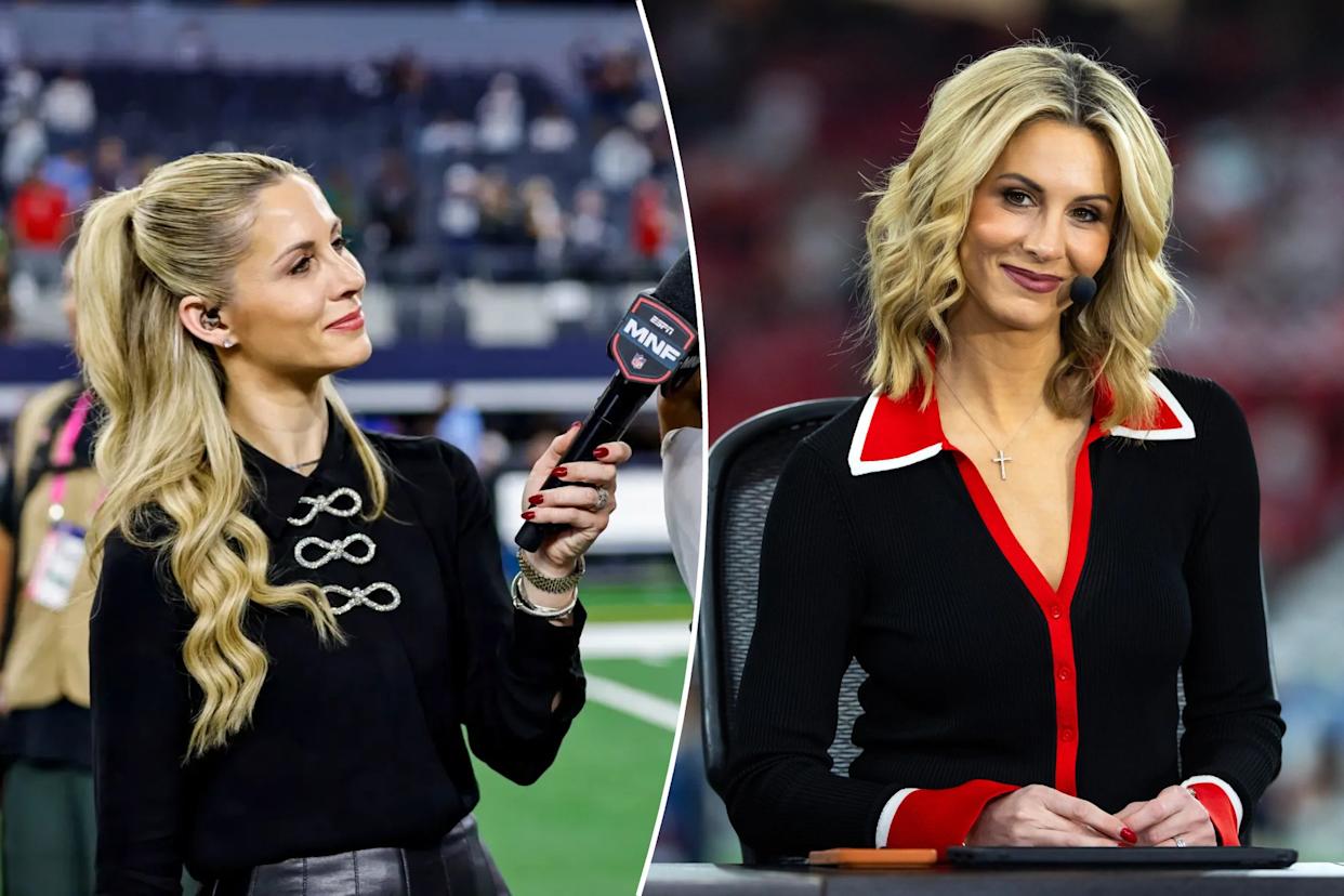 An image collage containing 2 images, Image 1 shows A blonde reporter with a microphone interviewing a football player on the field, Image 2 shows A woman with blonde wavy hair, wearing a black top with red and white trim, smiles at the camera while sitting at a desk with a microphone attached to her ear