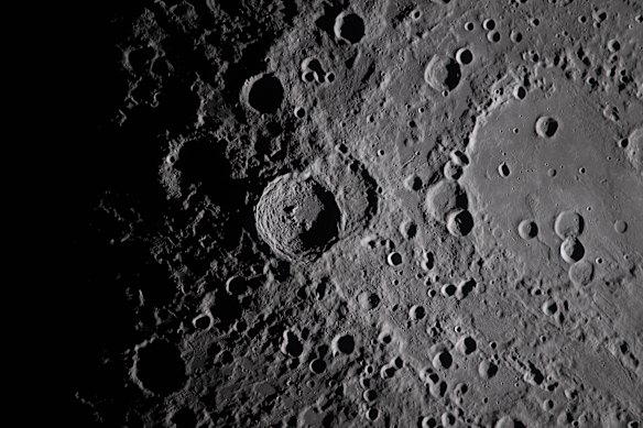 An image of the Vavilov Crater on the moon captured by the Artemis II.