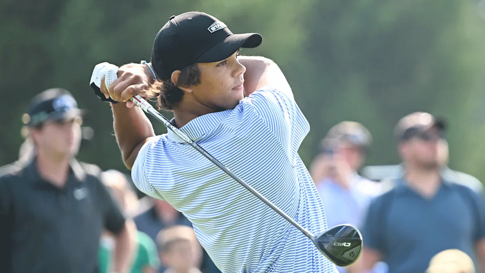  Charlie Woods hits a tee shot during the 2025 Junior PGA Championship. 