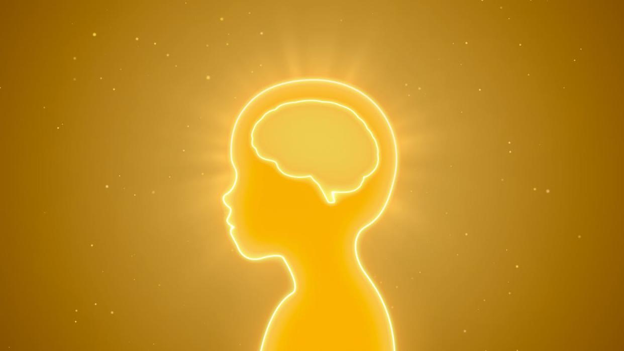 Kid with blank glowing neon brain background, children study idea concept, Intelligence and creativity learning in smart education, Critical thinking process, empty child head for design illustration