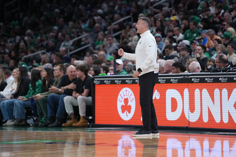 Apr 5, 2026; Boston, Massachusetts, USA; Toronto Raptors head coach Darko Rajakovic speaks to his player on the court during the first half against the Boston Celtics at TD Garden. Mandatory Credit: Gregory Fisher-Imagn Images