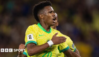 Estevao Willian of Brazil celebrates after scoring the team's first goal during the match between Brazil and Chile