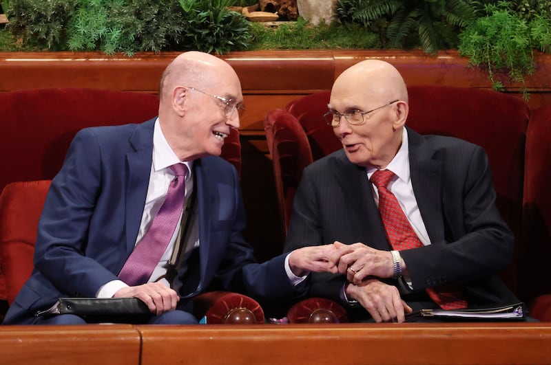 President Dallin H. Oaks and President Henry B. Eyring talk in the Conference Center prior to the Sunday afternoon session April 2026 general conference.