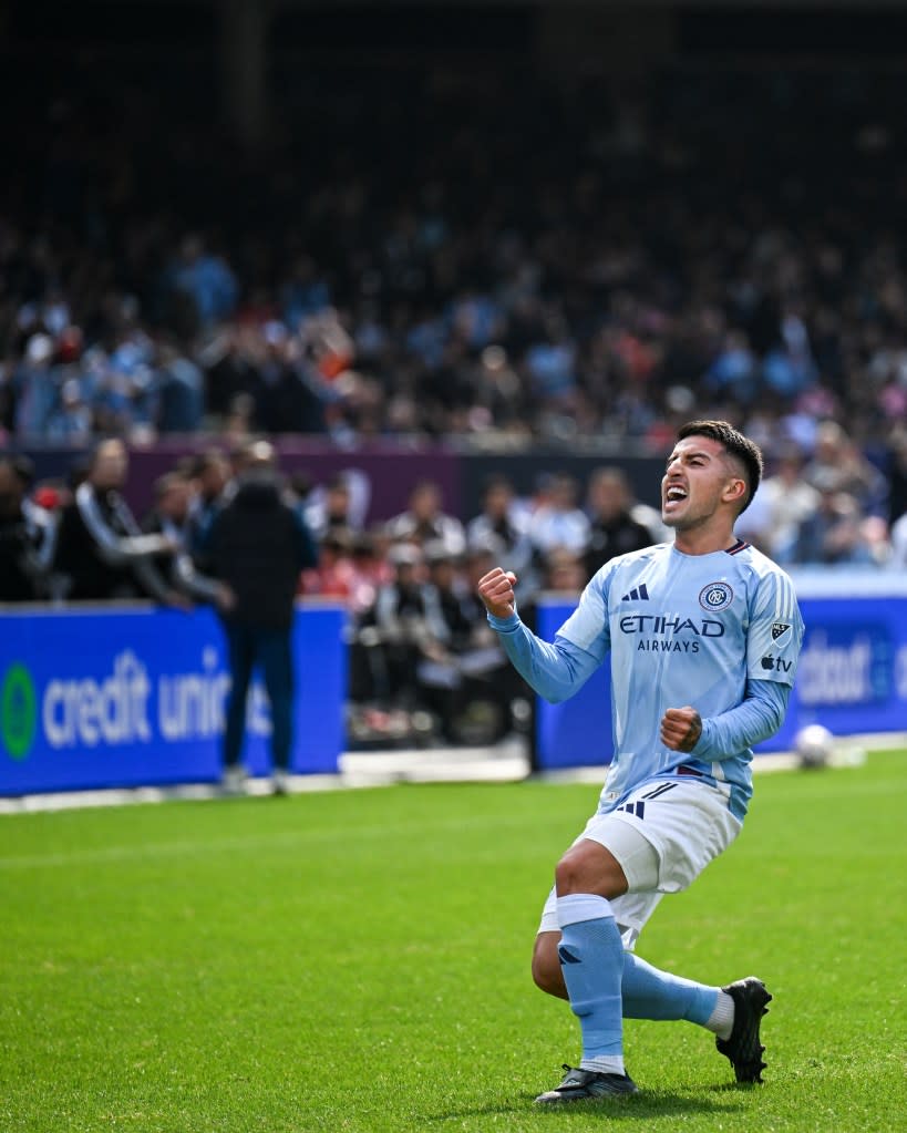 New York City FC midfielder Nicolás Fernández (7) celebrates his goal during the first half against the Inter Miami at Yankee Stadium. IMAGN IMAGES via Reuters Connect