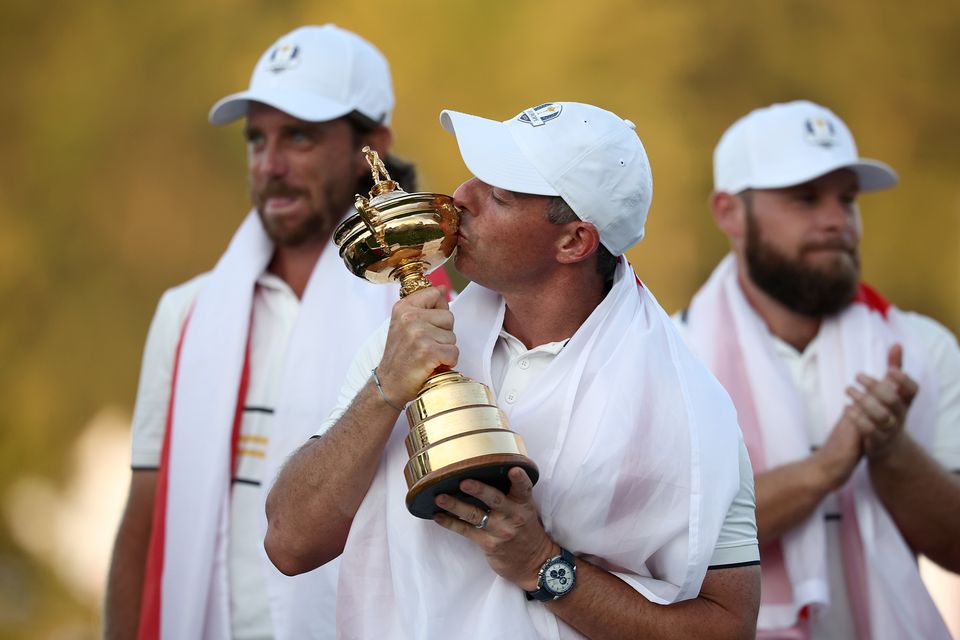 Rory McIlroy with the Ryder Cup Trophy after Europe won in Bethpage Black, New York, in 2025. Photo: Sportsfile