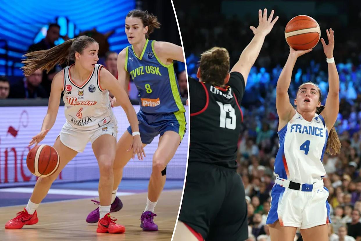 An image collage containing 2 images, Image 1 shows Marine Fauthoux (l.) looks to move the ball during an April 2025 game, Image 2 shows Marine Fauthoux (r.) attempt a shot during a Team France game at the Paris Olympics in 2024
