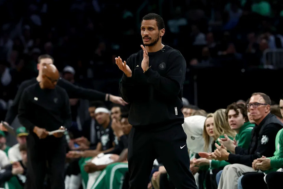 BOSTON, MA - APRIL 19: Head coach Joe Mazzulla of the Boston Celtics applauds his team during the second quarter of Game One of the Eastern Conference First Round NBA Playoffs against the Philadelphia 76ers at TD Garden on April 19, 2026 in Boston, Massachusetts. NOTE TO USER: User expressly acknowledges and agrees that, by downloading and/or using this Photograph, user is consenting to the terms and conditions of the Getty Images License Agreement. (Photo By Winslow Townson/Getty Images)