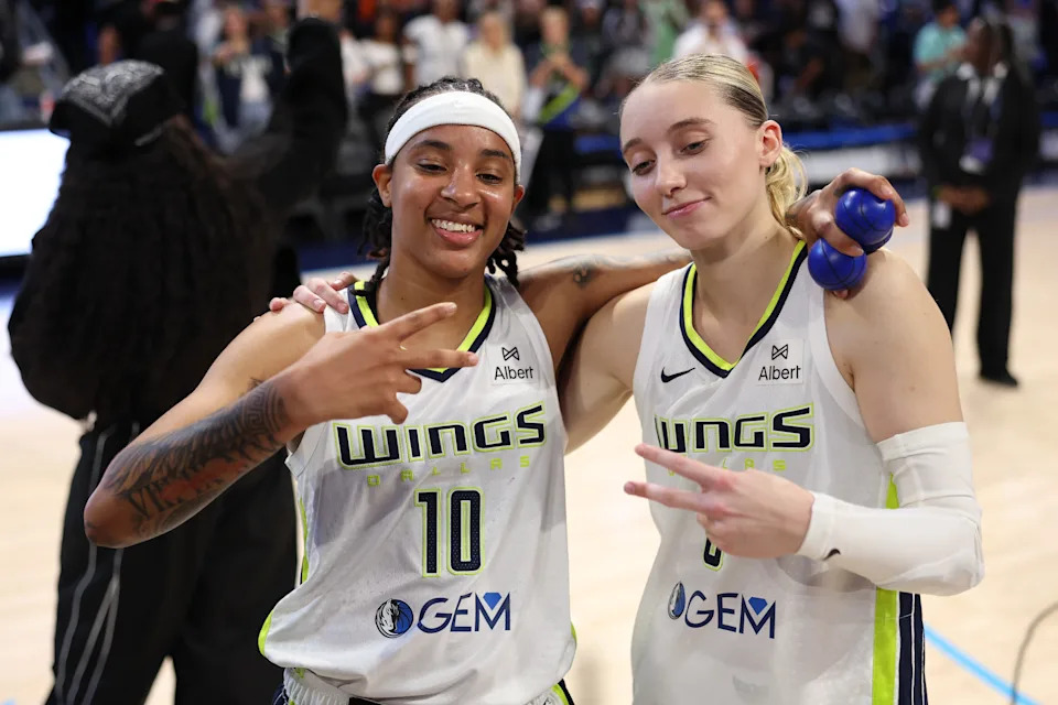 ARLINGTON, TEXAS - SEPTEMBER 11: Aziaha James #10 and Paige Bueckers #5 of the Dallas Wings pose for a photo after the game against the Phoenix Mercury at College Park Center on September 11, 2025 in Arlington, Texas. NOTE TO USER: User expressly acknowledges and agrees that, by downloading and or using this photograph, user is consenting to the terms and conditions of the Getty Images License Agreement. (Photo by Sam Hodde/Getty Images)