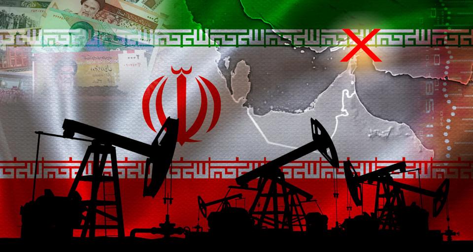 A map of the Middle East with a flag of Iran and oil pumps. 