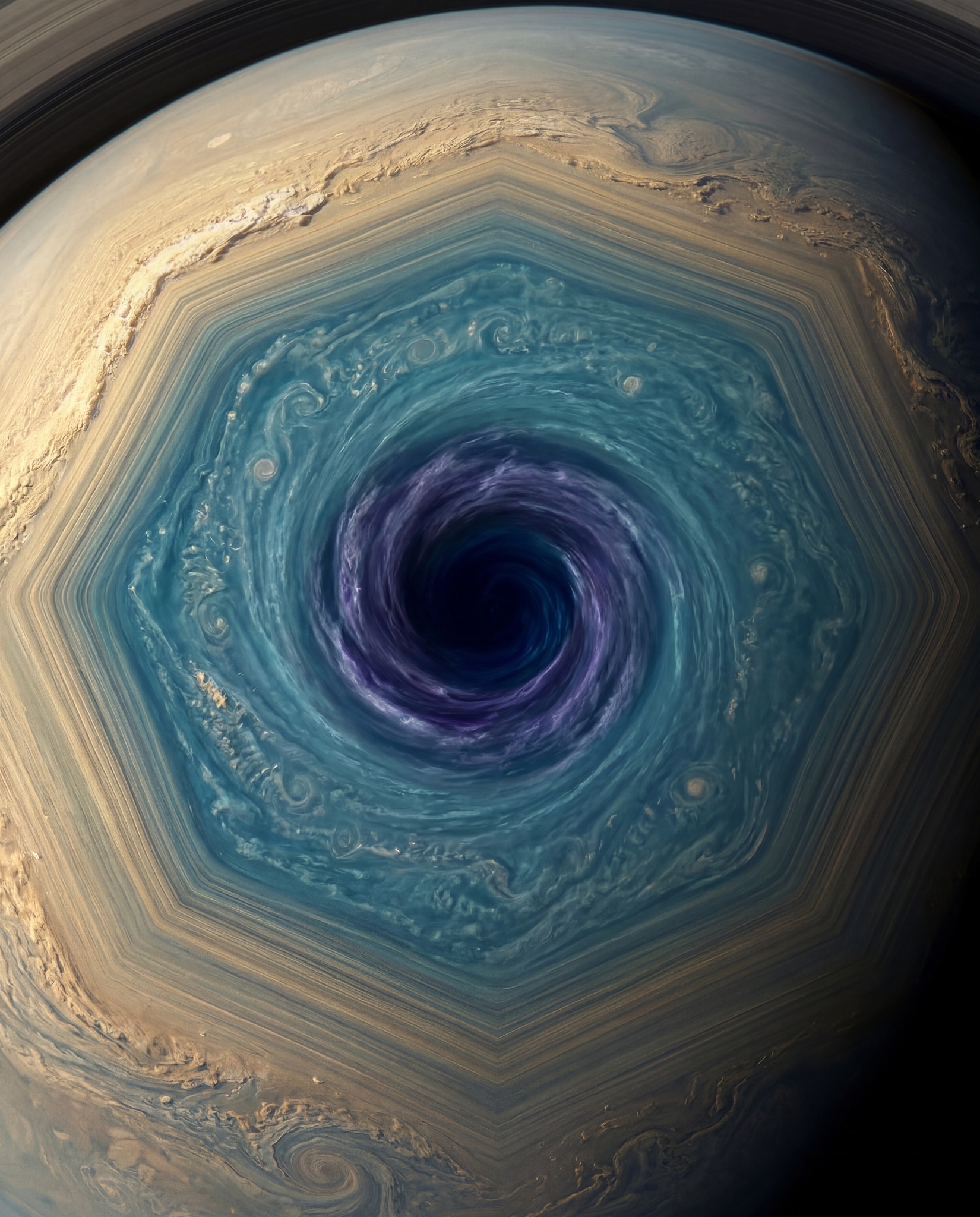 A swirling vortex with hexagonal patterns appears at a planet’s pole, showing swirling clouds in shades of blue and beige.