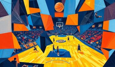 A cubist, geometric painting in navy blue, sky blue, and orange, depicting a fragmented and deconstructed WNBA basketball game, representing the Chicago Sky