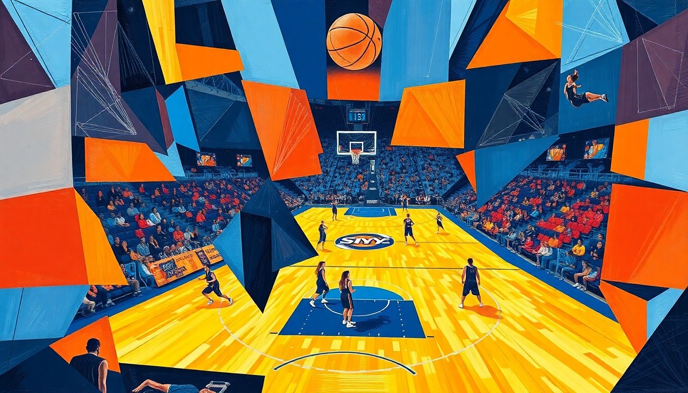 A cubist, geometric painting in navy blue, sky blue, and orange, depicting a fragmented and deconstructed WNBA basketball game, representing the Chicago Sky