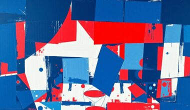 A cubist, geometric painting depicting a fragmented basketball game, with sharp planes of navy, crimson, and white overlapping to create a dynamic, abstract scene.