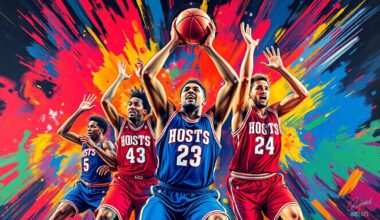 An abstract, energetic painting featuring bold brushstrokes in neon shades of orange, pink, and blue, capturing the dynamic, championship-winning spirit of the Houston Comets basketball team.