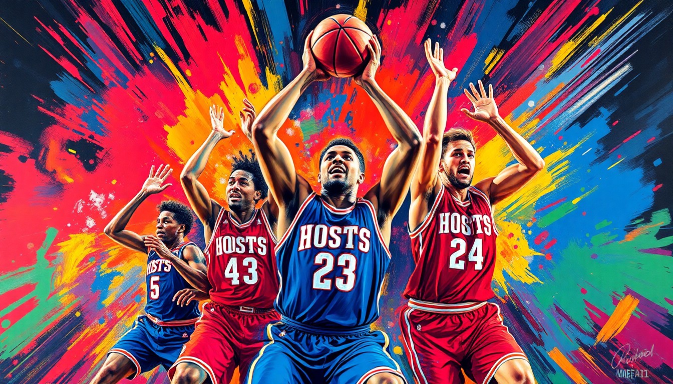 An abstract, energetic painting featuring bold brushstrokes in neon shades of orange, pink, and blue, capturing the dynamic, championship-winning spirit of the Houston Comets basketball team.