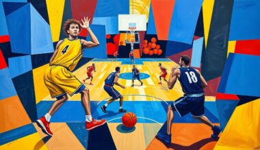 A cubist, geometric painting depicting the fragmented forms of basketball players in motion, with the court and ball also broken down into abstract shapes and planes, conveying the dynamic and evolving nature of the sport.