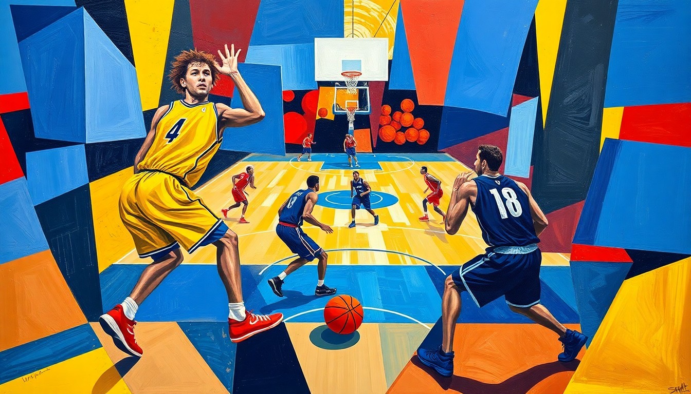 A cubist, geometric painting depicting the fragmented forms of basketball players in motion, with the court and ball also broken down into abstract shapes and planes, conveying the dynamic and evolving nature of the sport.