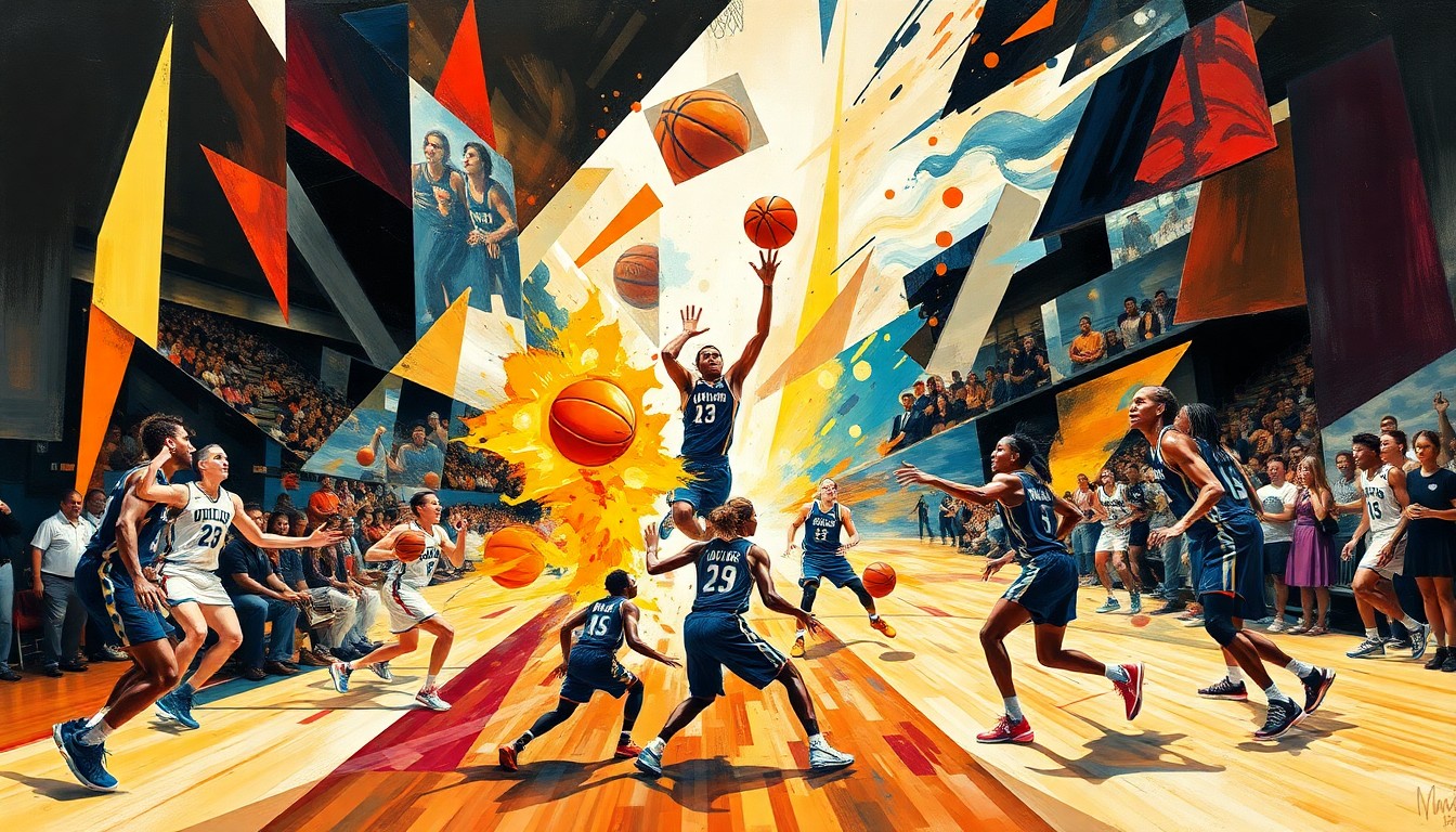 A cubist, geometric painting depicting the dynamic movements and energy of a WNBA basketball game, with the players