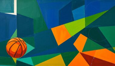 A cubist, geometric painting depicting a basketball game broken down into overlapping planes of navy, green, and orange, conveying the dynamic energy of the sport.