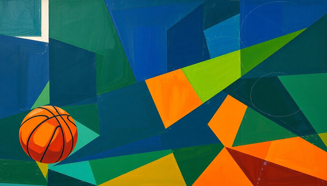A cubist, geometric painting depicting a basketball game broken down into overlapping planes of navy, green, and orange, conveying the dynamic energy of the sport.