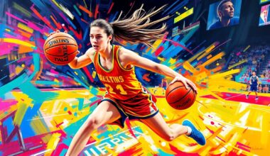A vibrant, expressionist painting featuring bold, neon-colored brushstrokes that capture the raw energy and power of a basketball player in motion, conceptually representing Hailey Van Lith