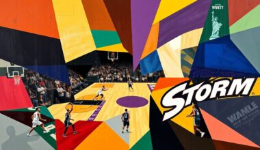 A cubist, geometric painting depicting a WNBA basketball game, with the court and players broken down into sharp, overlapping planes of color representing the league