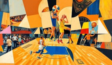 A cubist-style painting featuring overlapping geometric shapes and planes in vibrant colors, representing the dynamic and multifaceted basketball career of Bridget Pettis.
