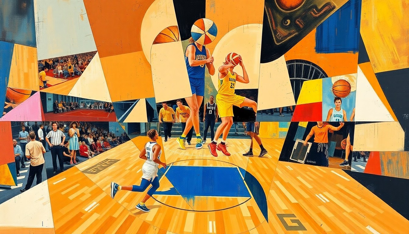 A cubist-style painting featuring overlapping geometric shapes and planes in vibrant colors, representing the dynamic and multifaceted basketball career of Bridget Pettis.