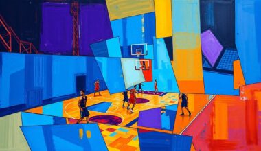 A cubist, geometric painting depicting a fragmented basketball court and players, with vibrant colors and sharp, overlapping planes, conceptually representing the challenges and adaptations facing the Chicago Sky during their temporary training camp move.