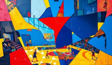 A cubist, geometric painting depicting a WNBA basketball game in motion, with players and the court fragmented into overlapping planes of color, capturing the dynamic energy and physicality of the sport.