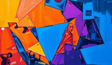 A fractured, multi-angled painting in bold, geometric shapes and colors representing the fast-paced action of a WNBA basketball game, conceptually illustrating the Fever