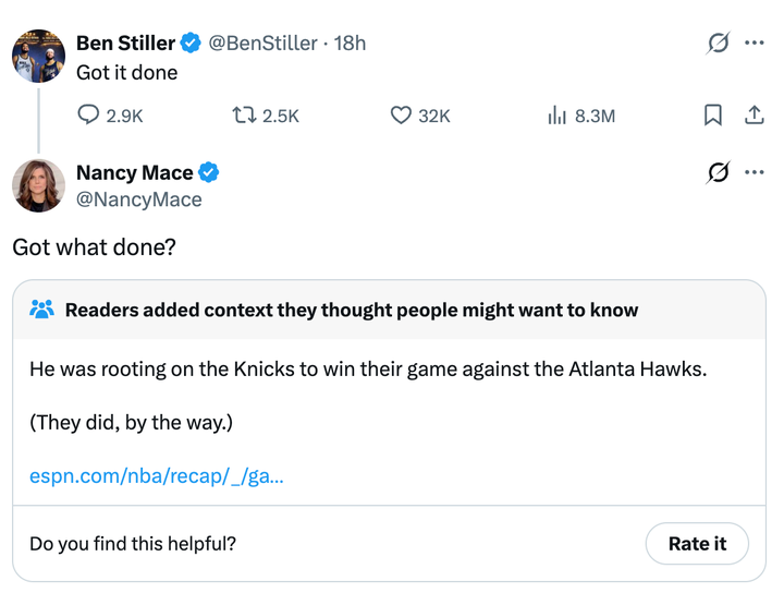 Rep. Nancy Mace (R-S.C.) replies to a post by Ben Stiller on Saturday.