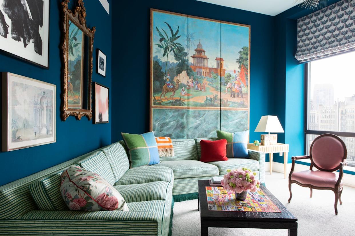 Colorful living room with unique decor and furniture.