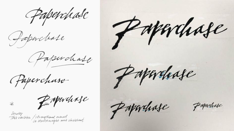 Initial drafts and development work for the Paperchase logo, Tony Forster, 1989.