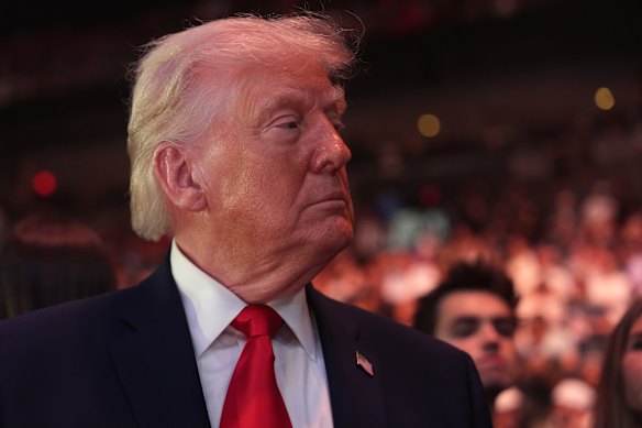 Donald Trump on the weekend in Miami. The US president has warned that any Iranians who try to stop his blockade will be “blown to hell”.