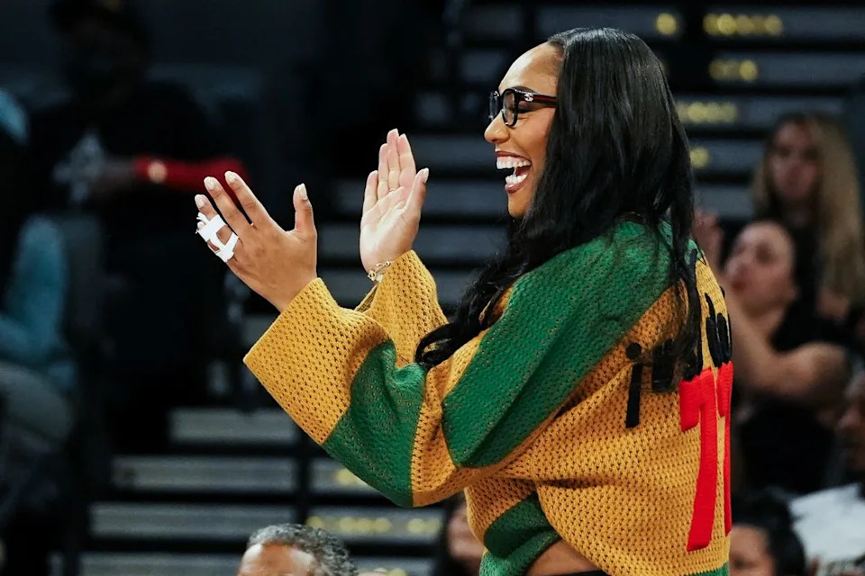 Las Vegas Aces center A’ja Wilson cheers for her team while out for injury during first half of WNBA preseason game on Sunday April 26, 2026 at Michelob Ultra Arena in Las Vegas.