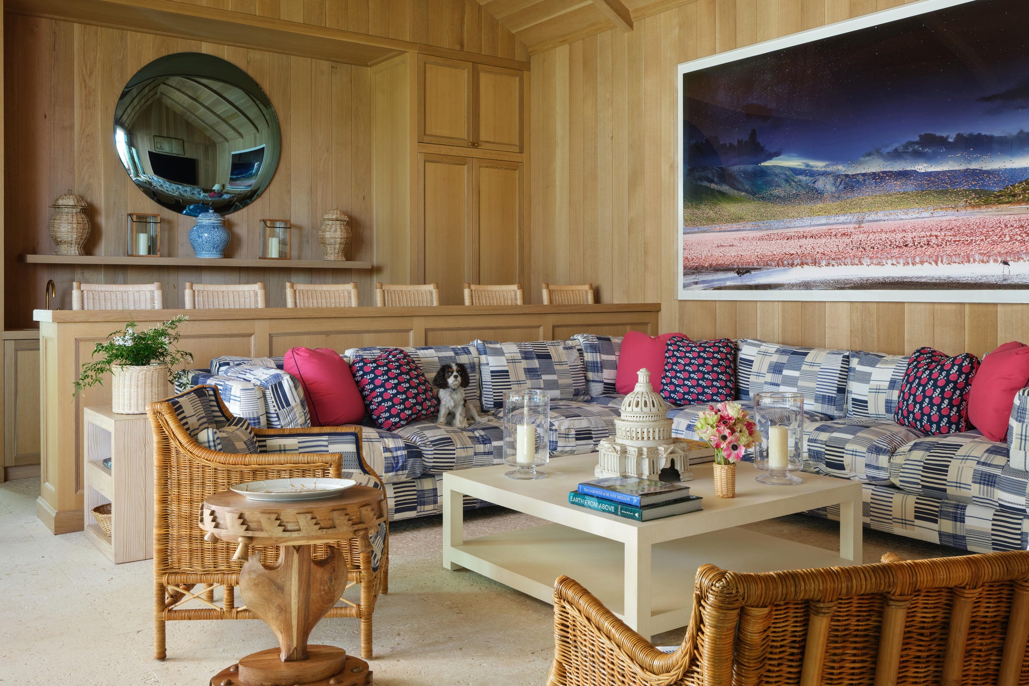 Pool cabana with wooden accents and comfortable seating.