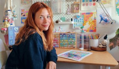 Comic artist Gretel Lusky in her art studio with a view of the sea