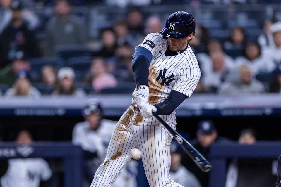 Yankees third baseman Ryan McMahon (19) reaches first base on an error during the third inning against the Miami Marlins at Yankee Stadium, Saturday, April 4, 2026, in Bronx, NY. Corey Sipkin for the NY POST