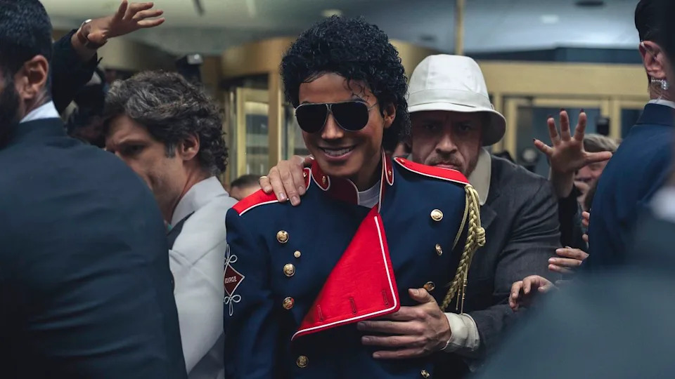  Jaafar Jackson as Michael Jackson moving through a crowd in Michael. 