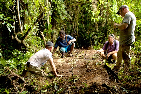 Four men surround cleared space on forest floor having uncovered the wing of a crashed aircraft