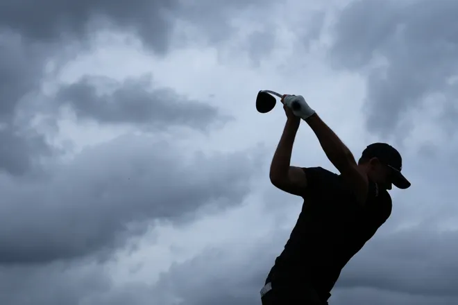 Ludvig Aberg plays his shot from the ninth tee during the second round of the 2026 Valero Texas Open at TPC San Antonio.