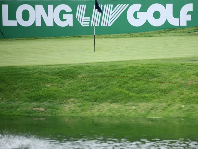 LIV Golf signage near the 18th hole for the 2026 LIV Golf Mexico City event at Club de Golf Chapultepec in Mexico City.
